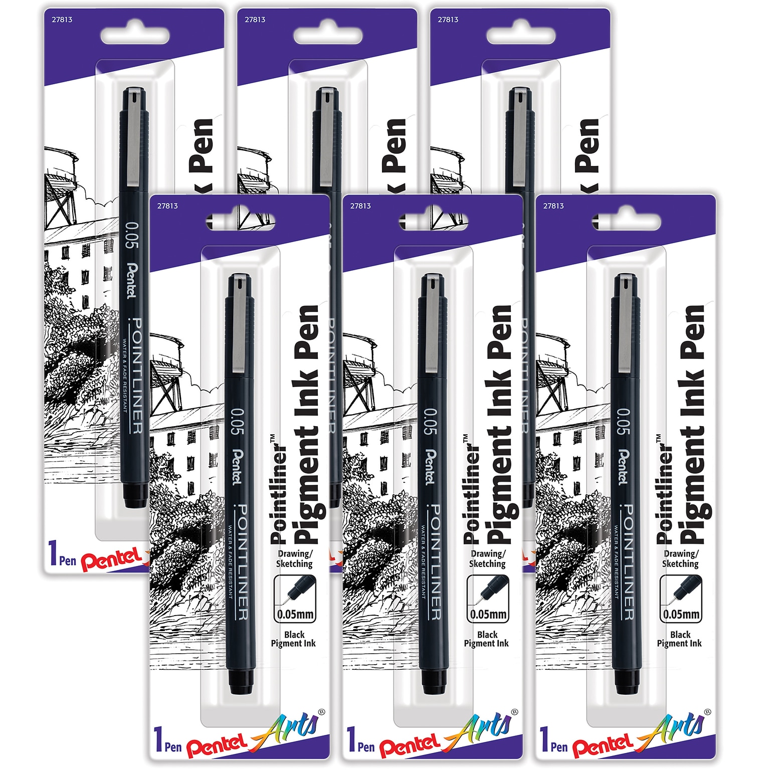 Pentel Arts Pointliner Pen, 0.05mm, Black Pigment Ink, 6/Pack (PTAS20P05BPA-6)