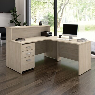 Bush Business Furniture Arrive 60"W L Shaped Reception Desk with Shelf and Mobile File Cabinet, Natural Elm (ARV004NE)