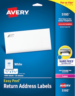 Avery Easy Peel Laser Return Address Labels, 2/3 x 1-3/4, White, 60 Labels/Sheet, 10 Sheets/Pack (