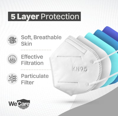 WeCare KN95 (95% Filtration) Protective Disposable Face Masks, White - 5  Pack (each sealed)