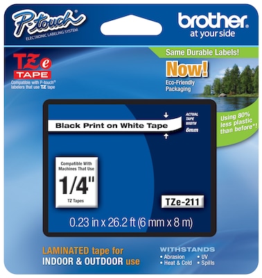 Brother P-touch TZe-211 Laminated Label Maker Tape, 1/4" x 26-2/10', Black On White (TZe-211)