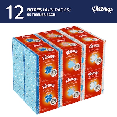 Kleenex Professional Anti-viral Facial Tissue, 3-Ply, White, 55 Sheets/Box, 3 Boxes/Pack, 4 Packs/Ca