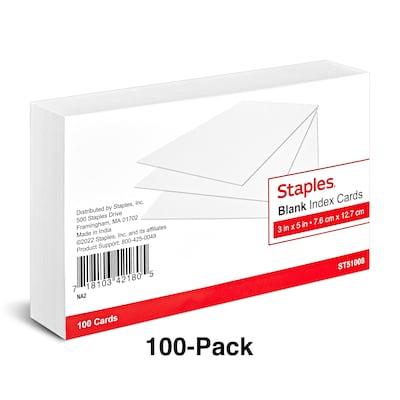 Staples 3" x 5" Index Cards, Blank, White, 100/Pack (TR51008)