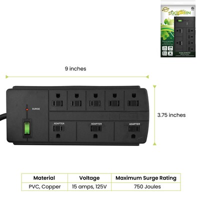 GoGreen Power 8 Outlet Surge Protector, 6 cord, Black (GG-18316BK)