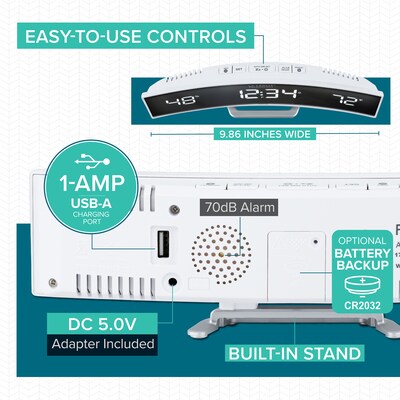 La Crosse Technology White Curved Alarm Clock with Mirrored LED Lens Display (602-247)