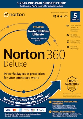 Norton 360 Deluxe & Utilities Ultimate Bundle for 5 Devices, Windows/Mac/Android/iOS, Download (2142