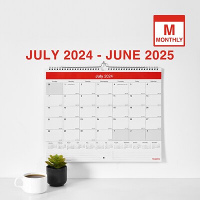 2024-2025 Staples 15 x 12 Academic Monthly Wall Calendar, Red/White  (ST54278-23)