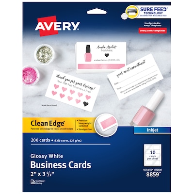 Avery Clean Edge Business Cards, 2 x 3 1/2, Glossy White, 200/Pack (8859)