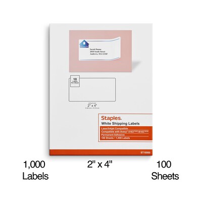 Staples® Laser/Inkjet Shipping Labels, 2 x 4, White, 10 Labels/Sheet, 100 Sheets/Pack, 1000 Labels