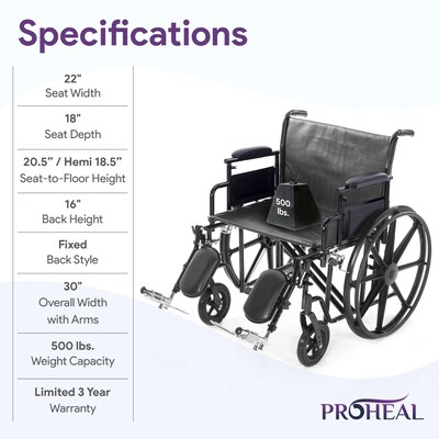 ProHeal Bariatric 22" Wheelchair, Removable Desk Arms & Elevating Leg Rests, 500 lb. Capacity, Vinyl, Black (PH-WCK722DAELR)