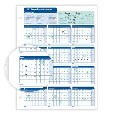 ComplyRight 2025 Attendance Calendar Card, 50 Forms/Pack (A4000W50)