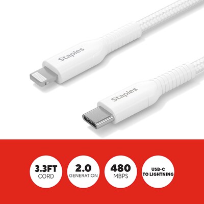 Staples TECH Lightning to USB-C Charging Cable, 3.3 ft., White (ST62332)