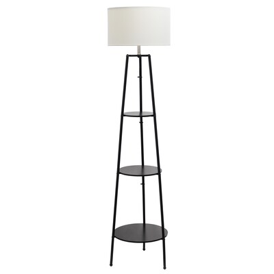 Simple Designs 62.5 Tall Modern Tripod 3 Tier Shelf Standing Floor Lamp with White Drum Fabric Shad