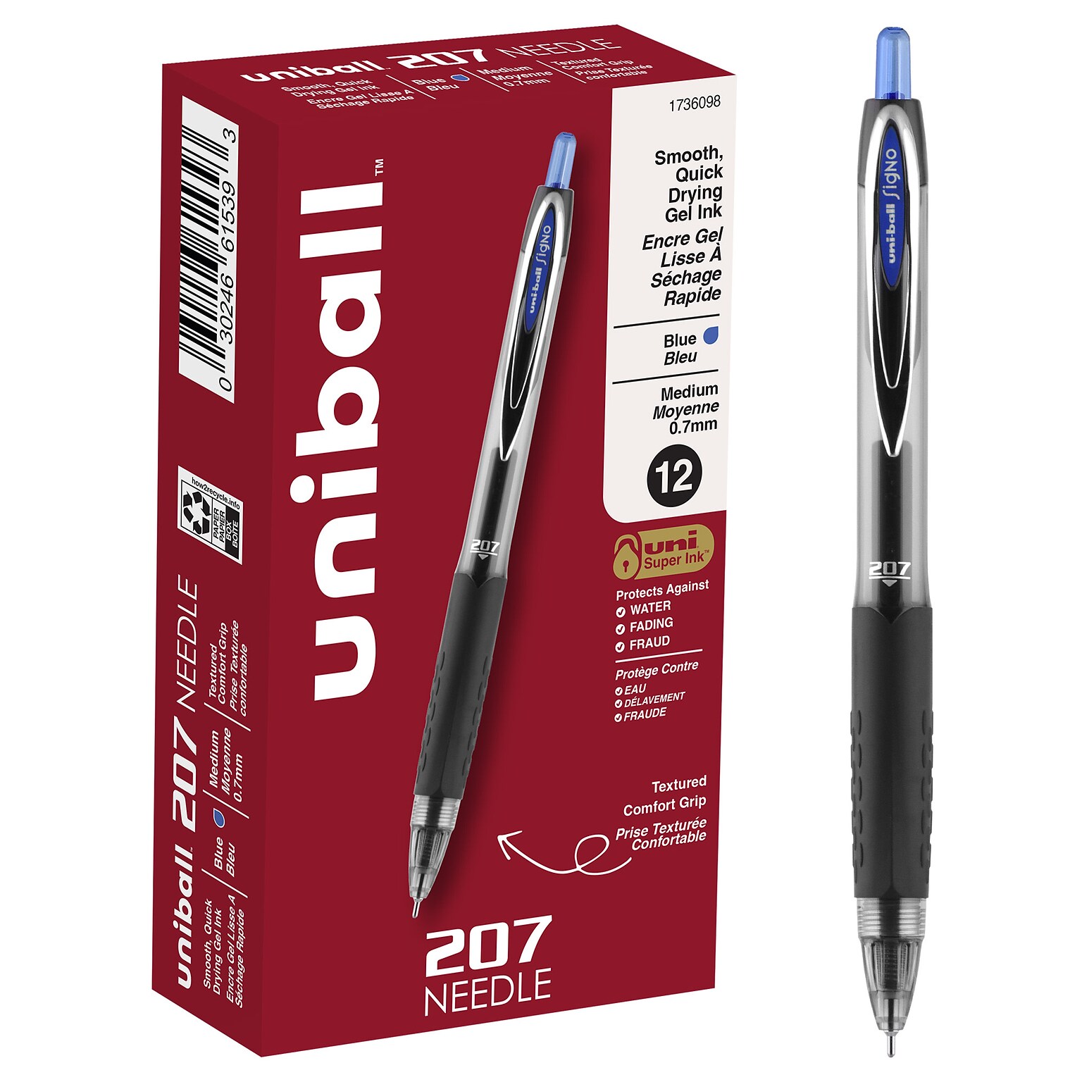 uni-ball 207 Needle Retractable Gel Pens, Medium Point, 0.7mm, Blue Ink, Dozen (1736098)