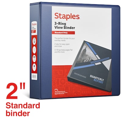 Staples® Standard 2" 3 Ring View Binder with D-Rings, Blue (26445-CC)