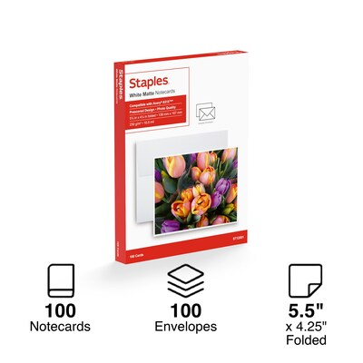 Staples Matte Notecards, 5.5"W x 4.25"L, White, 100/Box (12501)