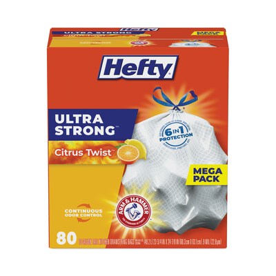 Hefty® Ultra Strong Scented Tall White Kitchen Bags, 13 gal, 0.9 mil, 23.75" x 24.88", White, 80/Box