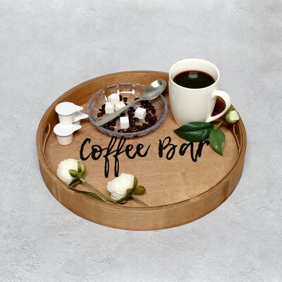 Elegant Designs "Coffee Bar" Decorative 13.75" Round Wood Serving Tray w/ Handles, Natural Wood (HG2013-NCB)