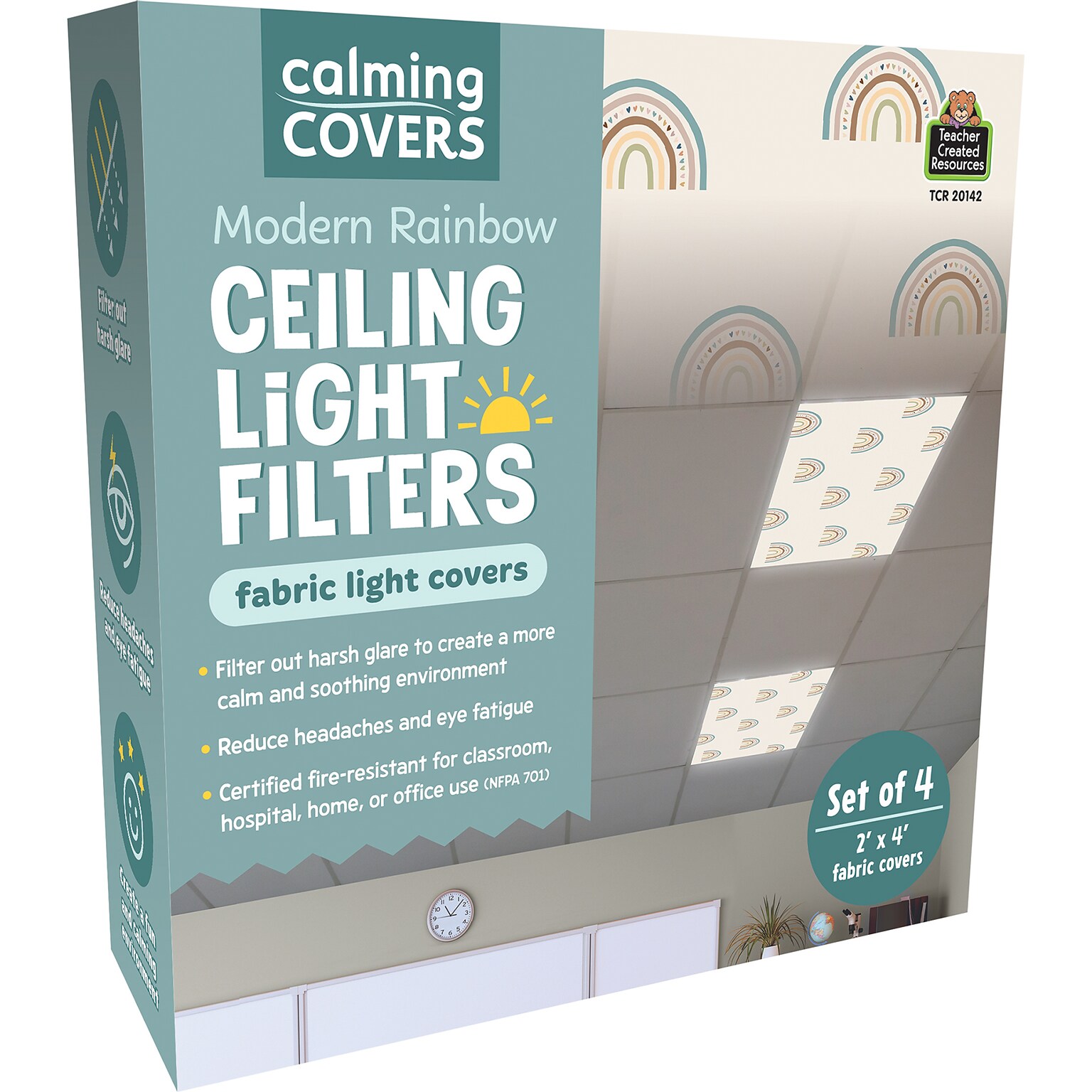 Teacher Created Resources Calming Covers Ceiling Light Filters, 2 x 4, Modern Rainbow, 4/Pack (TCR20142)