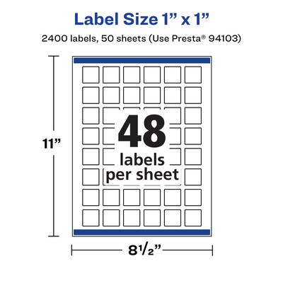 Avery Laser/Inkjet Square Glossy Labels, 1" x 1", Clear, 2400 Labels/Box (94103)