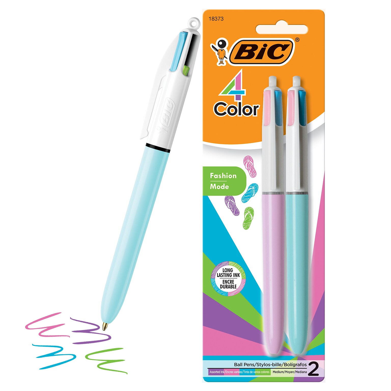 BIC 4-Color Ballpoint Retractable Pen, Medium Point, Assorted Ink, 2/Pk (AMP21AST)