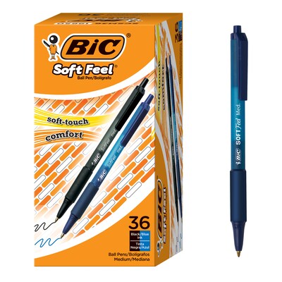 BIC Soft Feel Retractable Ballpoint Pen, Medium Point, 1.0mm, Black/Blue  Ink, 36/Pack (SCSM361-AST) | Quill.com