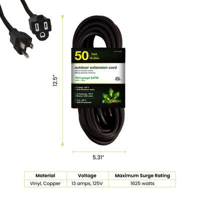 GoGreen Power 50 Indoor/Outdoor Extension Cord, 16 AWG, Black (GG-13750BK)