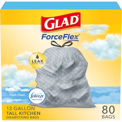 Glad ForceFlex Tall Kitchen Drawstring Trash Bags, 13 Gallon, Fresh Clean scent with Febreze Freshne