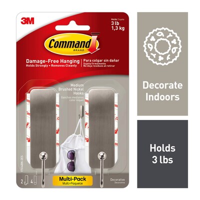 Command Medium Decorative Hooks, 3 lb., Silver, 2/Pack (17034BN-2ES)