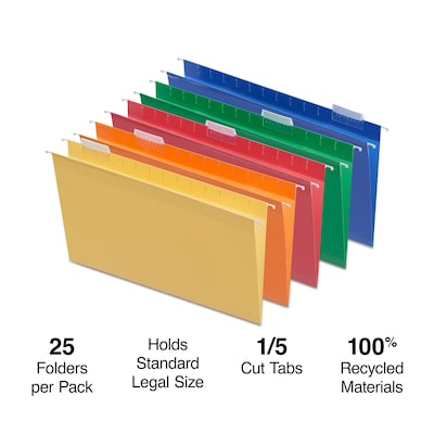 Staples® Heavy Duty Reinforced Hanging File Folders, 5-Tab, Legal Size, Assorted Colors, 25/Box (TR18657)