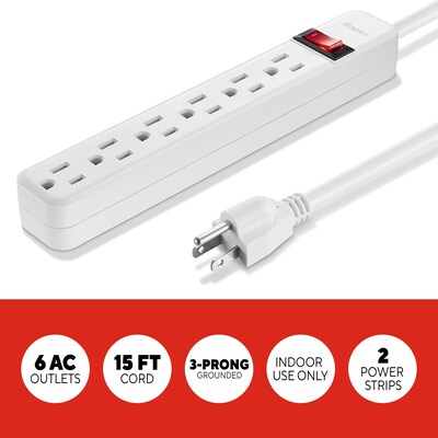 Staples TECH 6-Outlet Power Strip, 15 Cord, White, 2/Pack (42321)