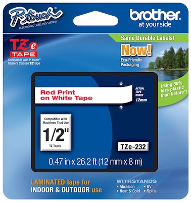 Brother P-touch TZe-232 Laminated Label Maker Tape, 1/2" x 26-2/10', Red On White (TZe-232)