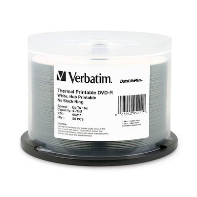 Verbatim® DataLifePlus 4.7GB 16X Thermal Hub Printable DVD-R; Spindle, 50/Pack
