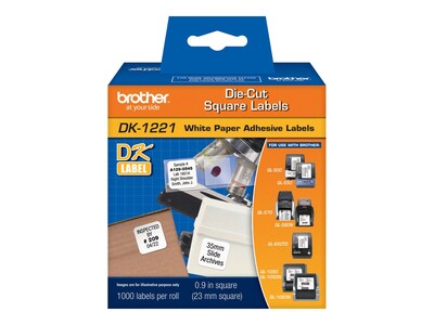 Brother DK-1221 Square Paper Labels, 9/10" x 9/10", Black on White, 1,000 Labels/Roll (DK-1221)