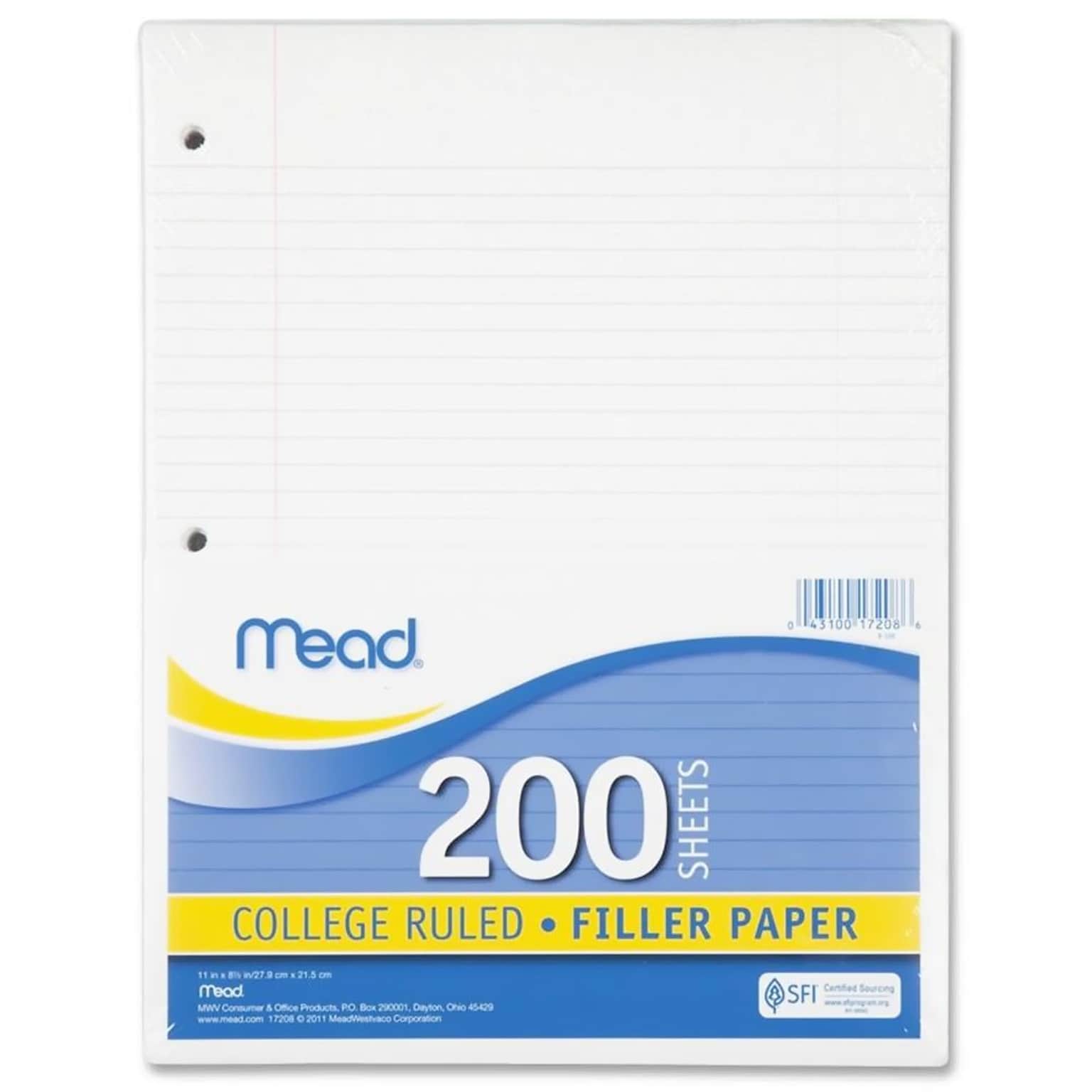 Filler Paper, College Ruled, 3 Hole Punched, 16 lb Stock, Red Margin Rule, 8-1/2x11, White, 200 Sheets/Pack
