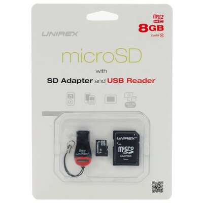 Unirex® 8GB MicroSD High Capacity Class 10 Memory Card With SD Adapter/USB Reader