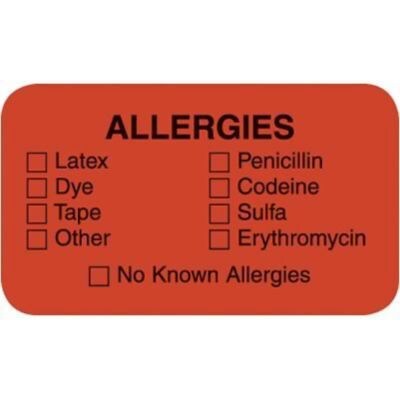 Allergy Warning Medical Labels, Allergies, 0.875 x 1.5 inch, 500 Labels