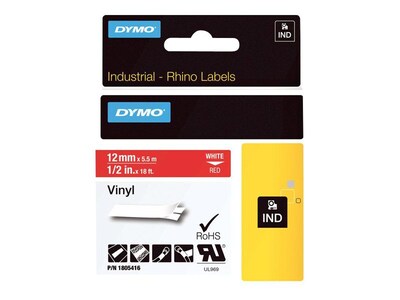 DYMO Rhino Industrial 1805416 Vinyl Label Maker Tape, 1/2" x 18', White on Red (1805416)