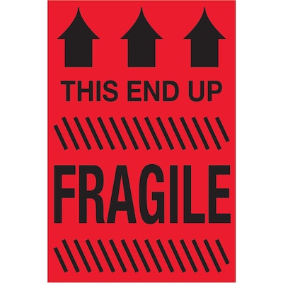 Tape Logic Labels, This End Up - Fragile, 2 x 3, Fluorescent Red, 500/Roll (DL1325)