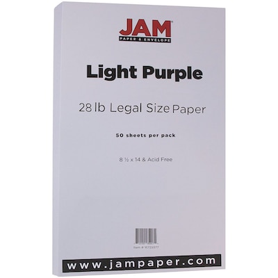 JAM Paper Matte Colored Paper, 28 lbs., 8.5 x 14, Light Purple, 50  Sheets/Pack (16729377)