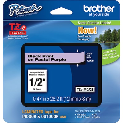 Brother P-touch TZe-MQF31 Laminated Label Maker Tape, 1/2" x 26-2/10', Black on Pastel Purple (TZe-MQF31)