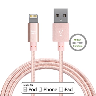 LAX Apple MFi Certified Lightning to USB Cable for Charge Sync 10ft, Rose Gold
