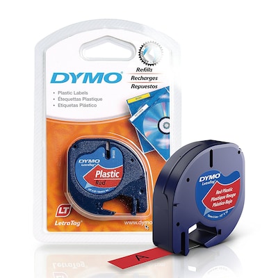 Dymo® Letra Tag Plastic Tape; 1/2"W x 13'L, Black on Red, 1 Roll | Quill.com