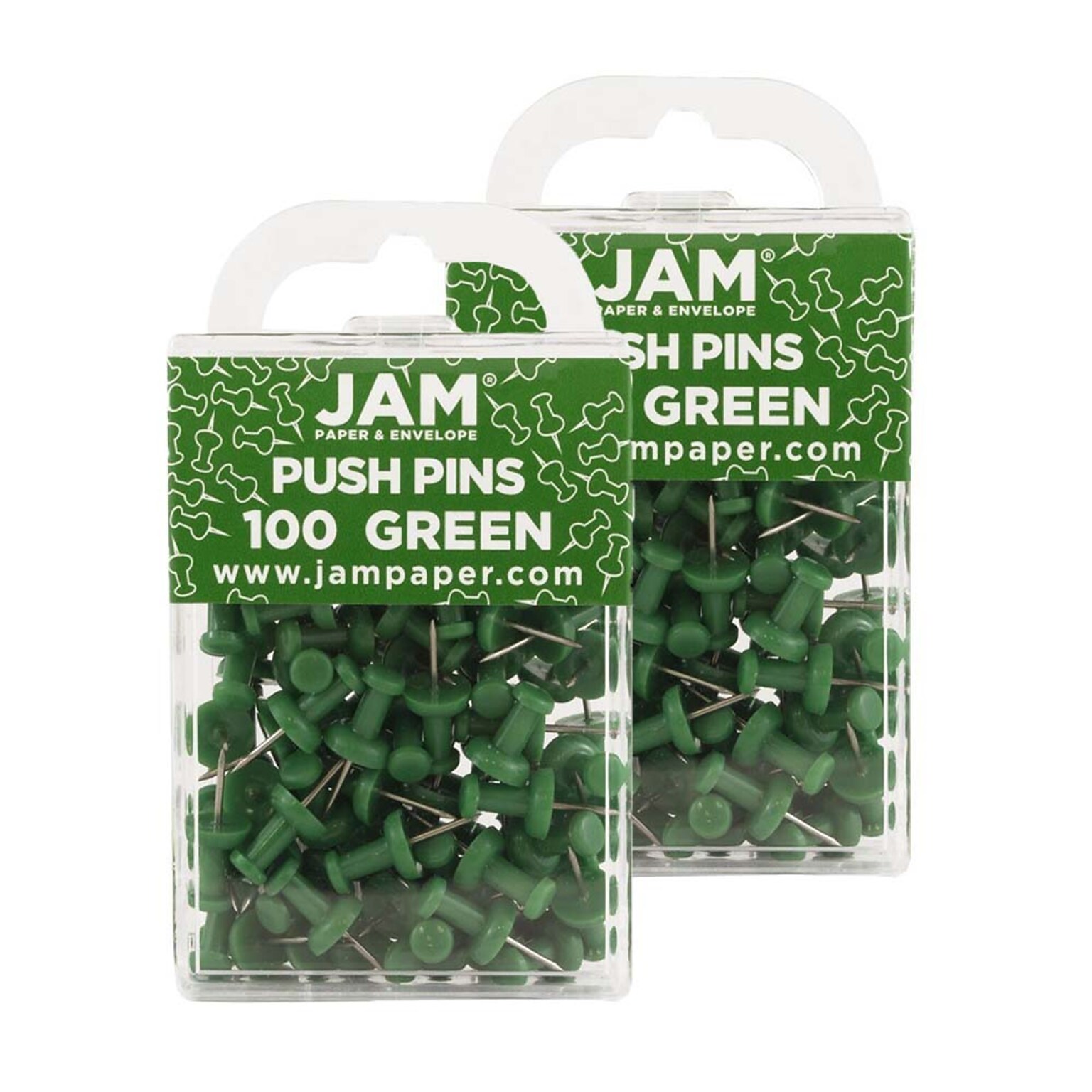 JAM Paper Push Pins, Green, 2 Packs of 100 (2242954A)