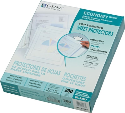 C-Line Top Load Sheet Protector, Standard Weight, Reduced Glare, 8-1/2 x 11, Clear, 200/Box (CLI62