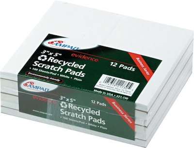 Ampad Evidence Recycled Scratch Pads, White, 3 x 5, 100 Sheets/Pad, 12/Pack