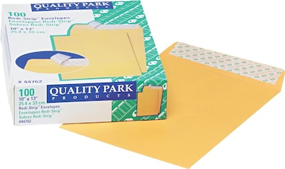 Quality Park Redi-Strip Open End Peel & Seal #13 Catalog Envelope, 10 x 13, Brown Kraft, 100/Box (
