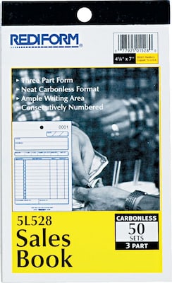 Rediform 3-Part Carbonless Receipts, 4-1/4" x 6-3/8", 50 Sets/Book (RED5L528)