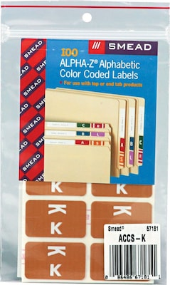 Smead AlphaZ ACCS Color-Coded Alphabetic Labels, K, Light Brown, 100/Pack (67181)