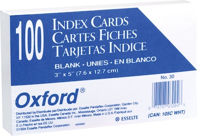 Oxford Index Cards, 3 x 5, White, 100 Cards/Pack (30EE)